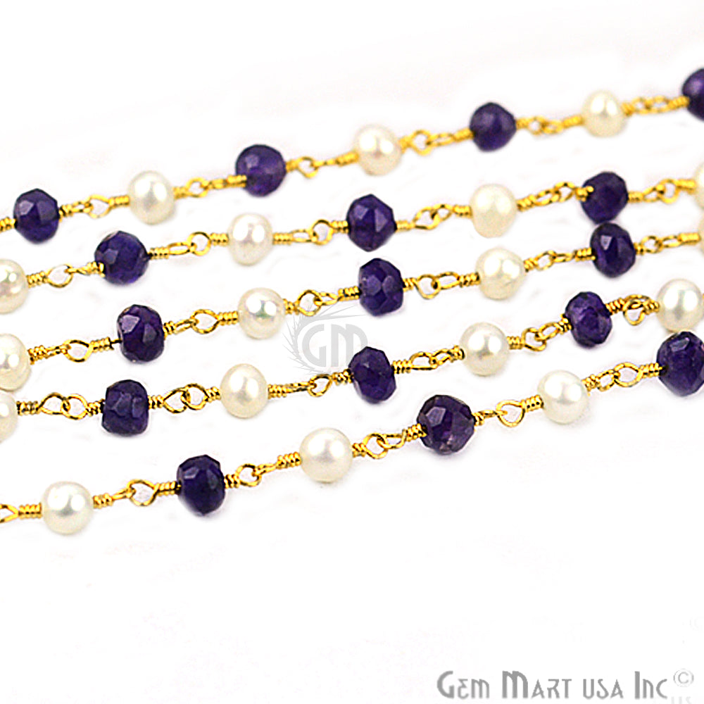 Amethyst With Pearl Gold Plated Wire Wrapped Beads Rosary Chain - GemMartUSA