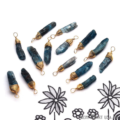 Blue Kyanite Gold Wire Wrapped 27x6mm Jewelry Making Rough Shape Connector - GemMartUSA