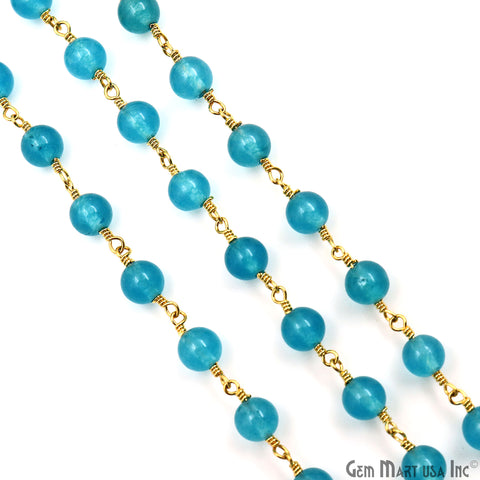 Sky Blue Jade Cabochon Beads 6mm Gold Plated Gemstone Rosary Chain