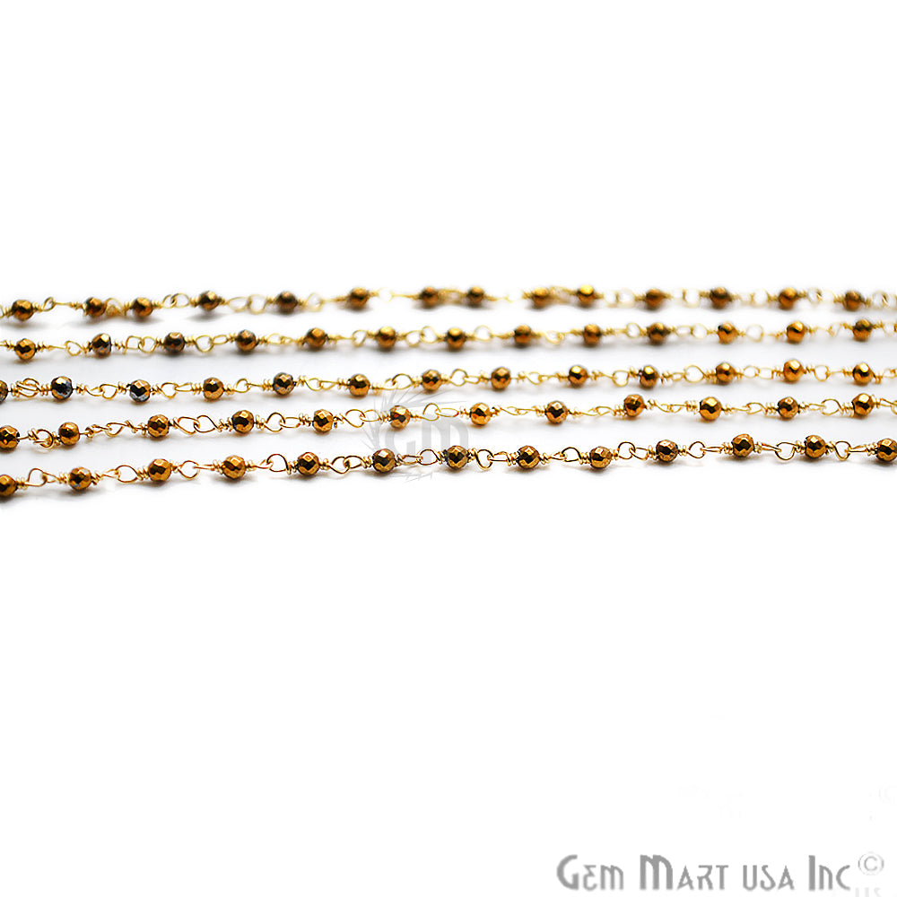 Golden Pyrite Tiny Smooth Round Beads Gold Wire Wrapped Rosary Chain - GemMartUSA