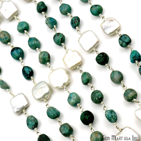 Chrysocolla Tumble Beads 8x5mm & Pearl 12mm Beads Silver Plated Rosary Chain