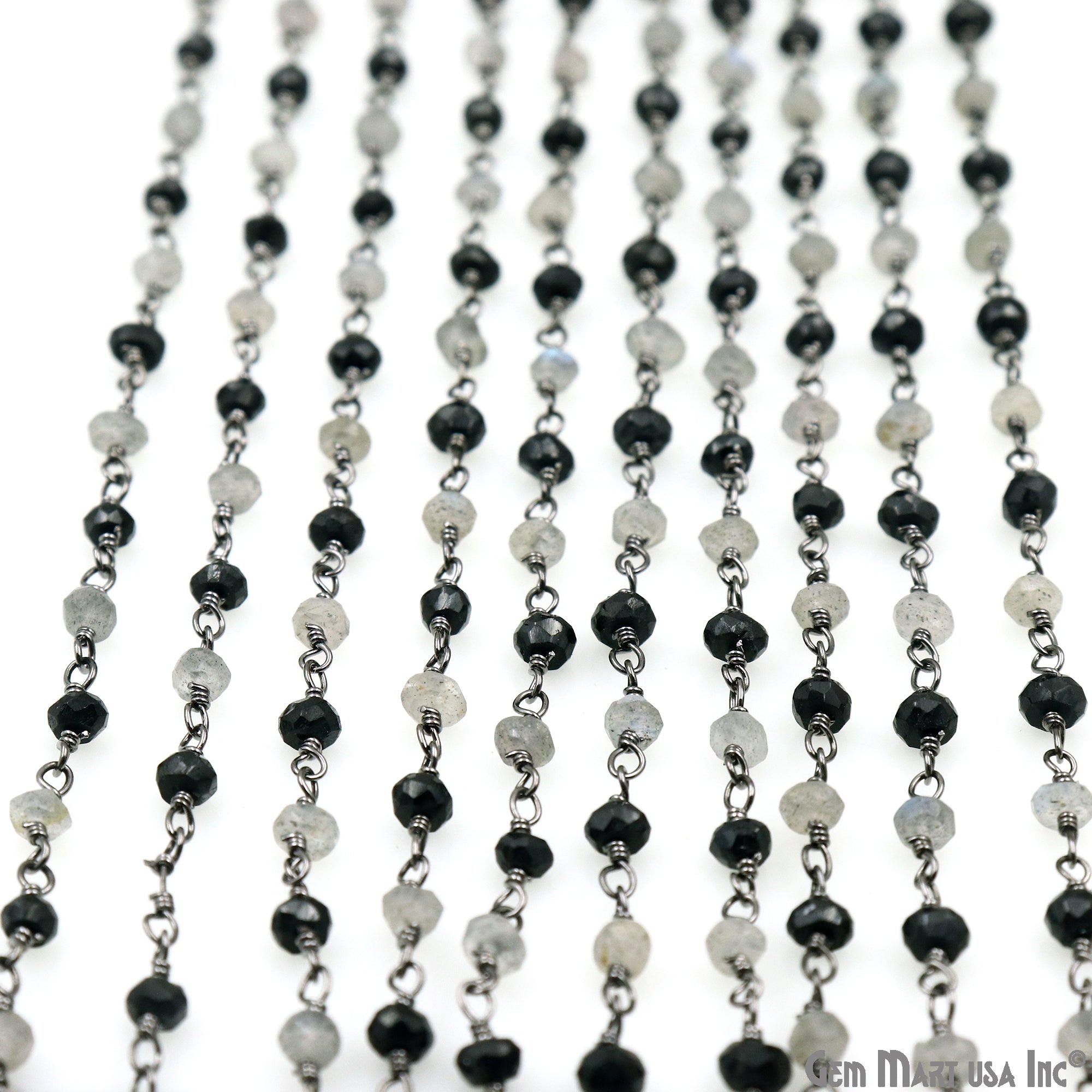 Black Spinel & Labradorite 3-3.5mm Oxidized Faceted Beads Wire Wrapped Rosary Chain