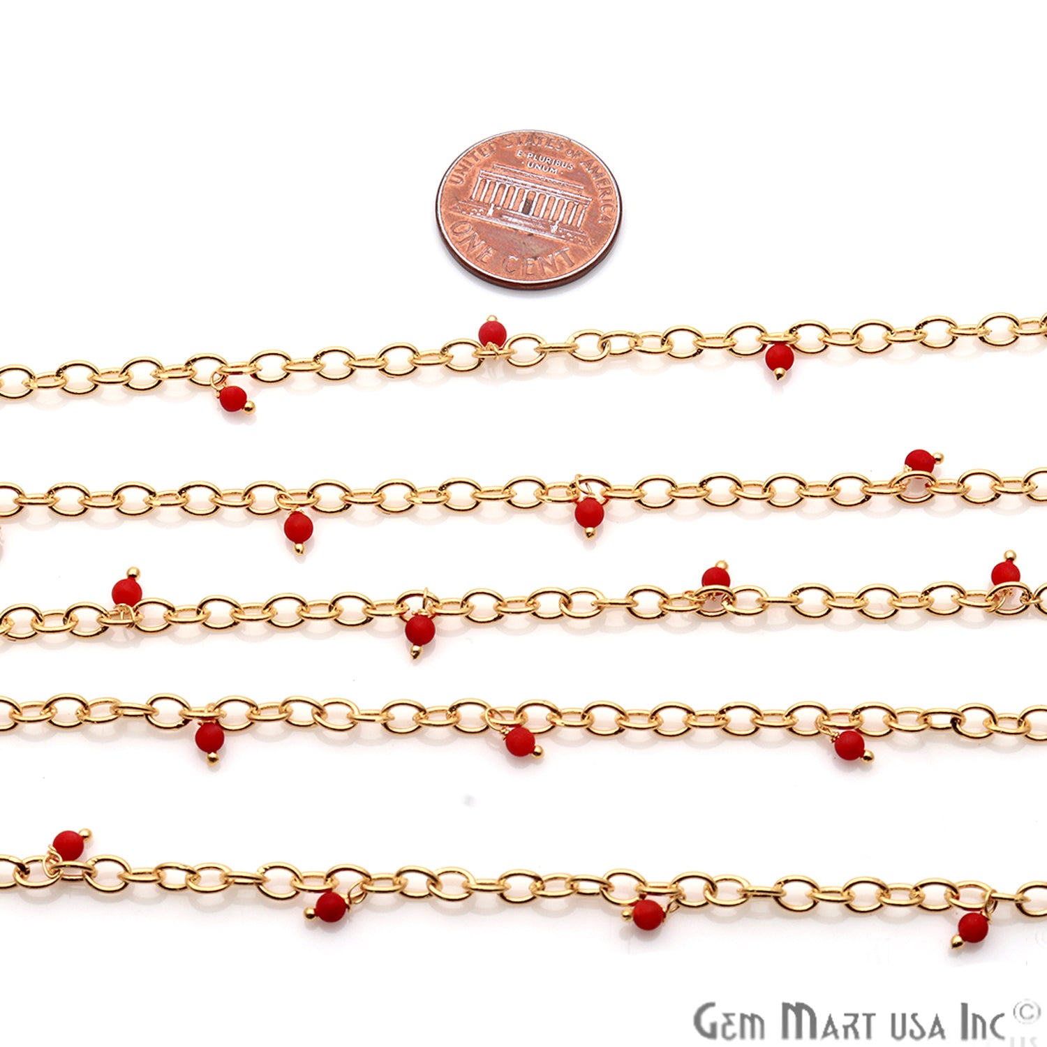 Red Coral Faceted Beads Gold Wire Wrapped Cluster Rosary Chain - GemMartUSA