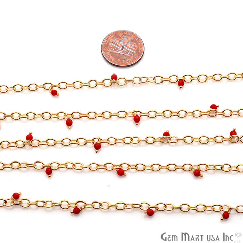 Red Coral Faceted Beads Gold Wire Wrapped Cluster Rosary Chain - GemMartUSA