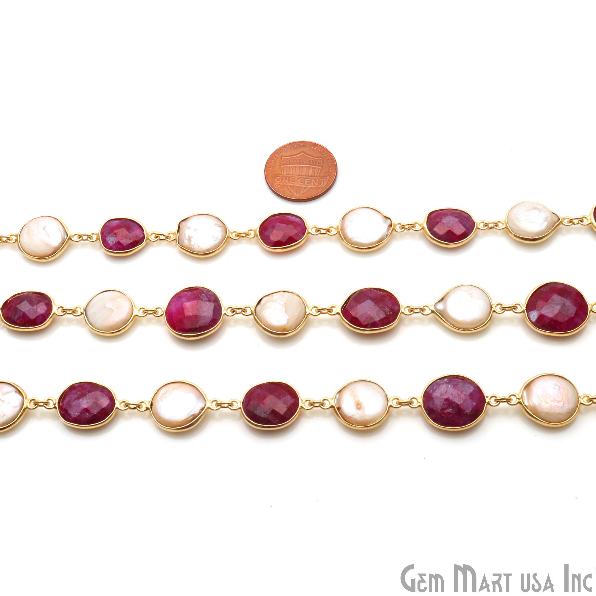 Ruby Coin And Pearl Round Beads 10-15mm Gold Plated Continuous Connector Chain - GemMartUSA