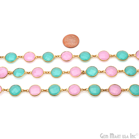 Rose With Aqua Chalcedony Round 12mm Gold Plated Continuous Connector Chain