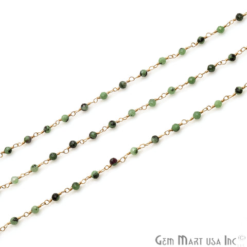 Ruby Zoisite Beaded 3-3.5mm Gold Plated Wire Wrapped Rosary Chain - GemMartUSA