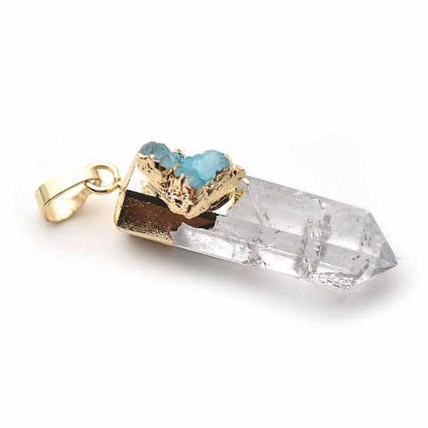 Crystal Quartz with Blue Druzy Point Pillar Pendant 22K Gold Electroplated 7 Chakra Point Pendant (GPCL-14045) - GemMartUSA