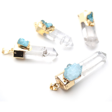 Crystal Quartz with Blue Druzy Point Pillar Pendant 22K Gold Electroplated 7 Chakra Point Pendant (GPCL-14045) - GemMartUSA