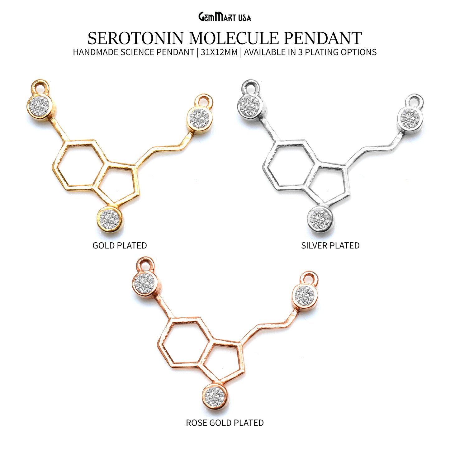 Serotonin Molecule Pendant 31x12mm Chemistry Necklace, Science Necklace