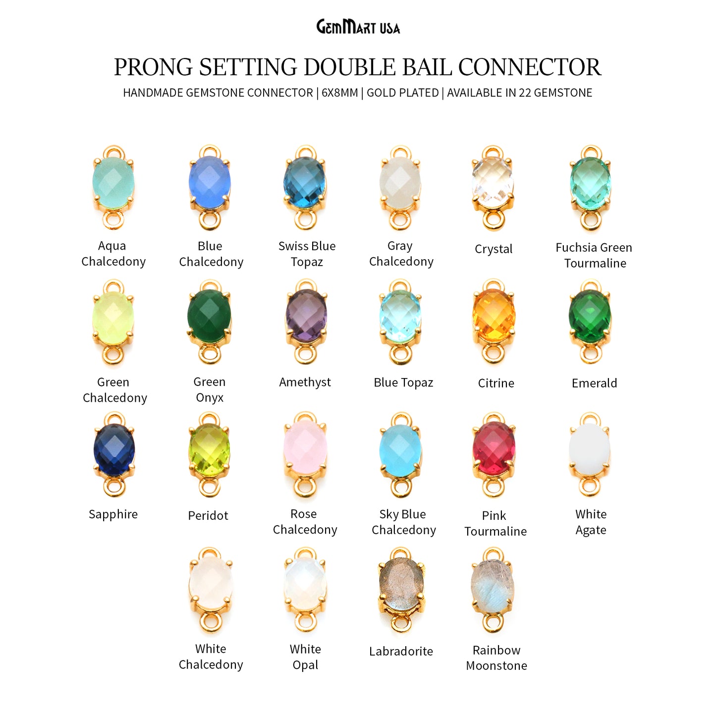 Gemstone Oval 6x8mm Gold Plated Prong Setting Double Bail Connector