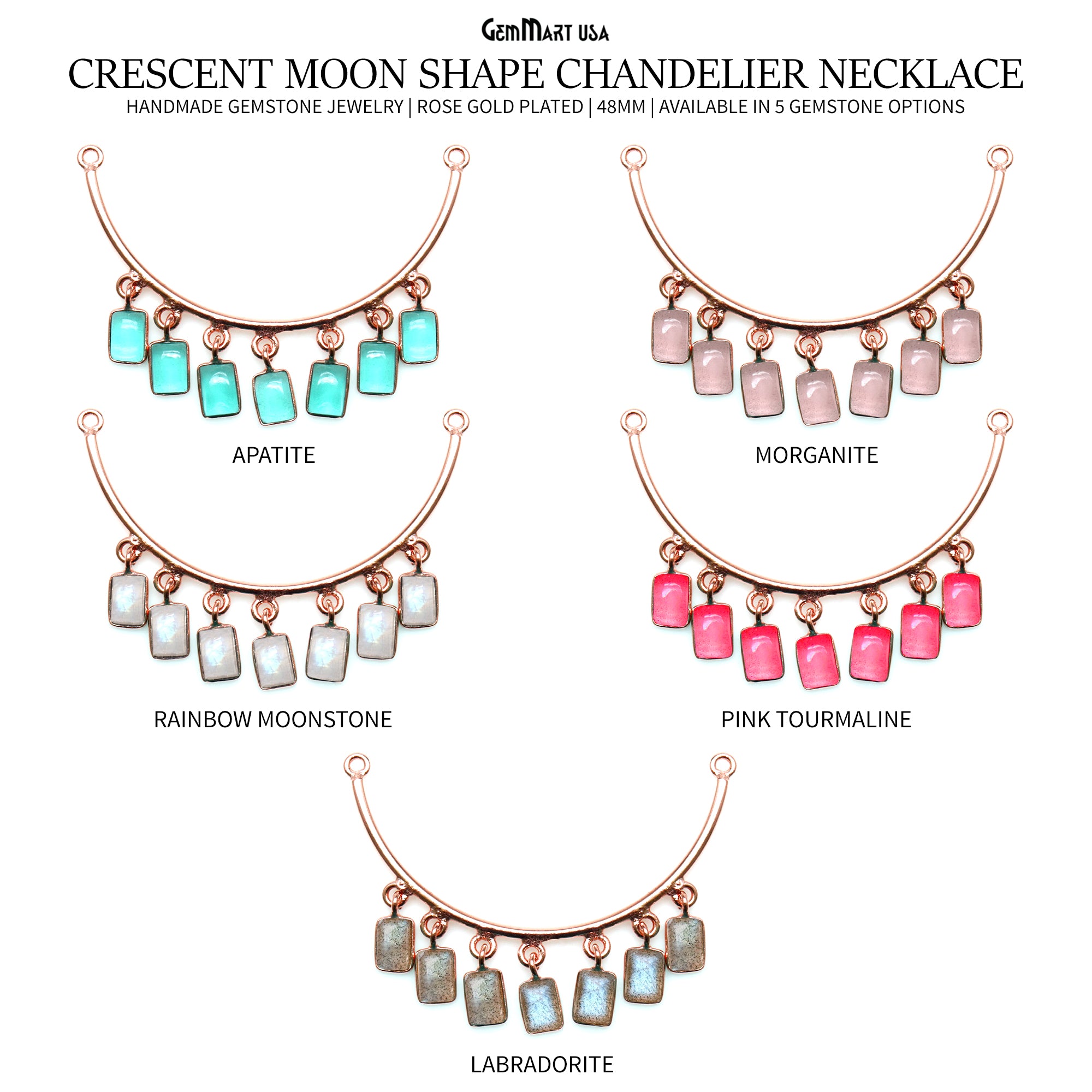 Crescent Moon Rose Gold Plated Double Bail Octagon Chandelier Necklace