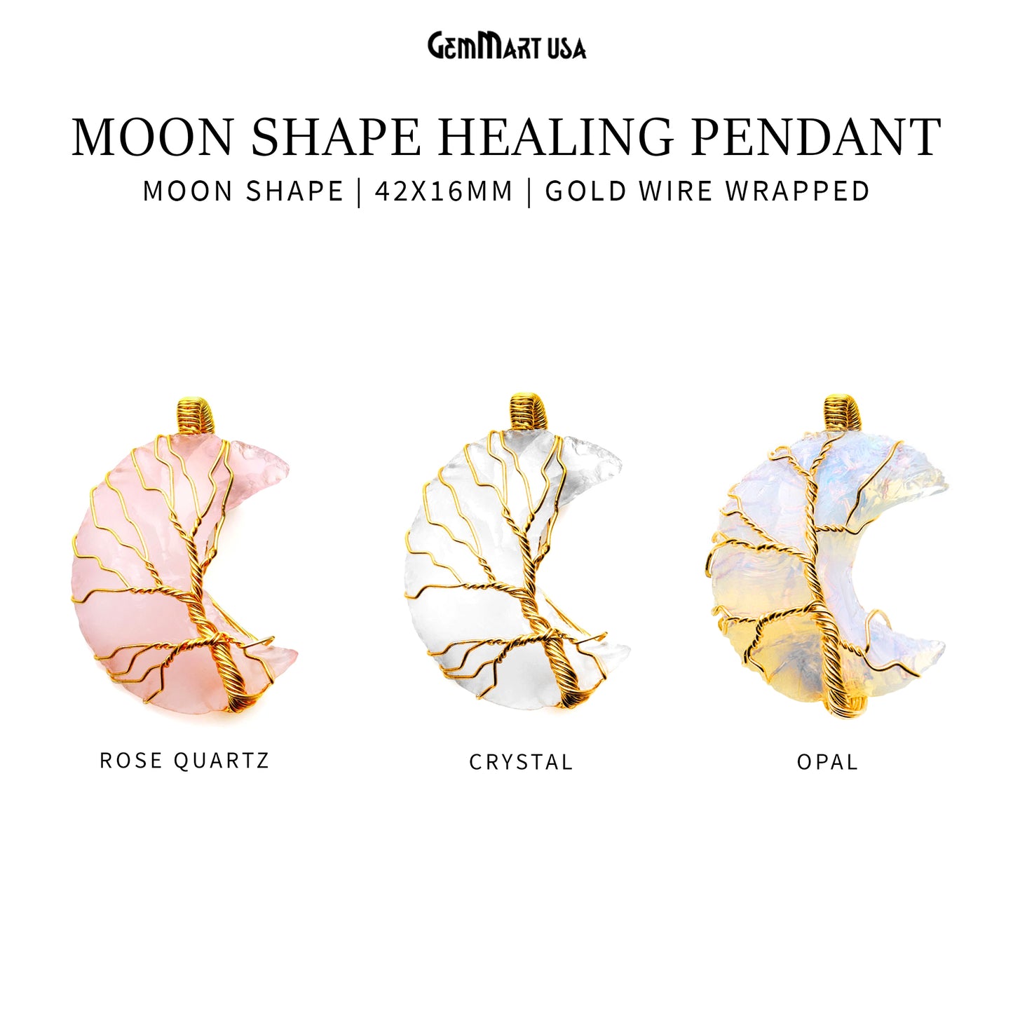 Moon Shape 42x16mm Gold Wire Wrapped Pendant