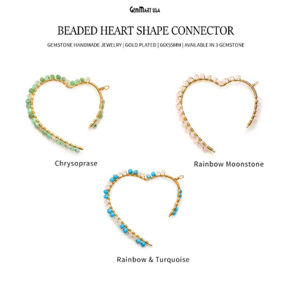 DIY Gemstone Beaded Heart Shape 66x55mm Gold Wire Wrapped Connector Jewelry