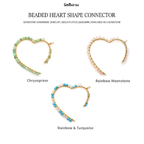 DIY Gemstone Beaded Heart Shape 66x55mm Gold Wire Wrapped Connector Jewelry