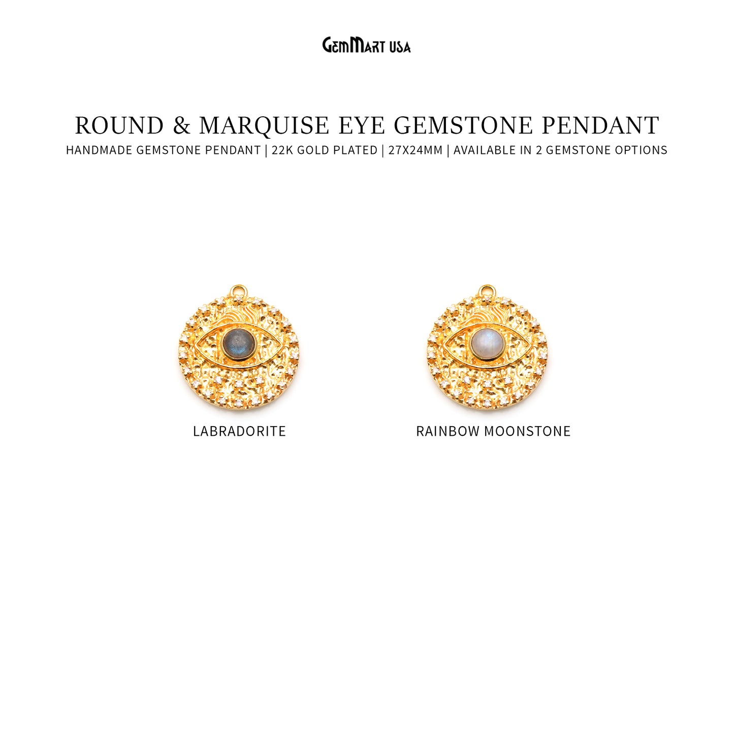 Round & Marquise Eye 27x24mm Gold Plated Single Bail Gemstone Pendant