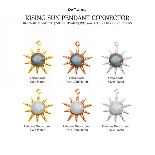 Gemstone Rising Sun Connector Sunburst Pendant Gold Plated 9mm