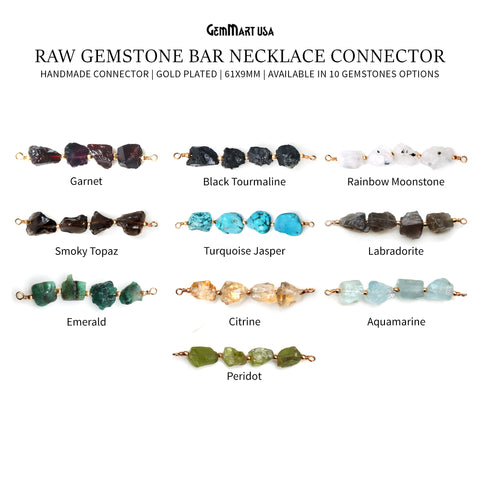 Raw Gemstone Bar Necklace Connector 61x9mm Gold Plated Wire Wrapped