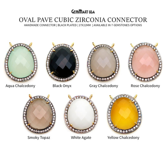 Oval Gemstone With Oxidized Setting Of Pave Cubic Zirconia 27x22mm Gold Plated Bail Connector