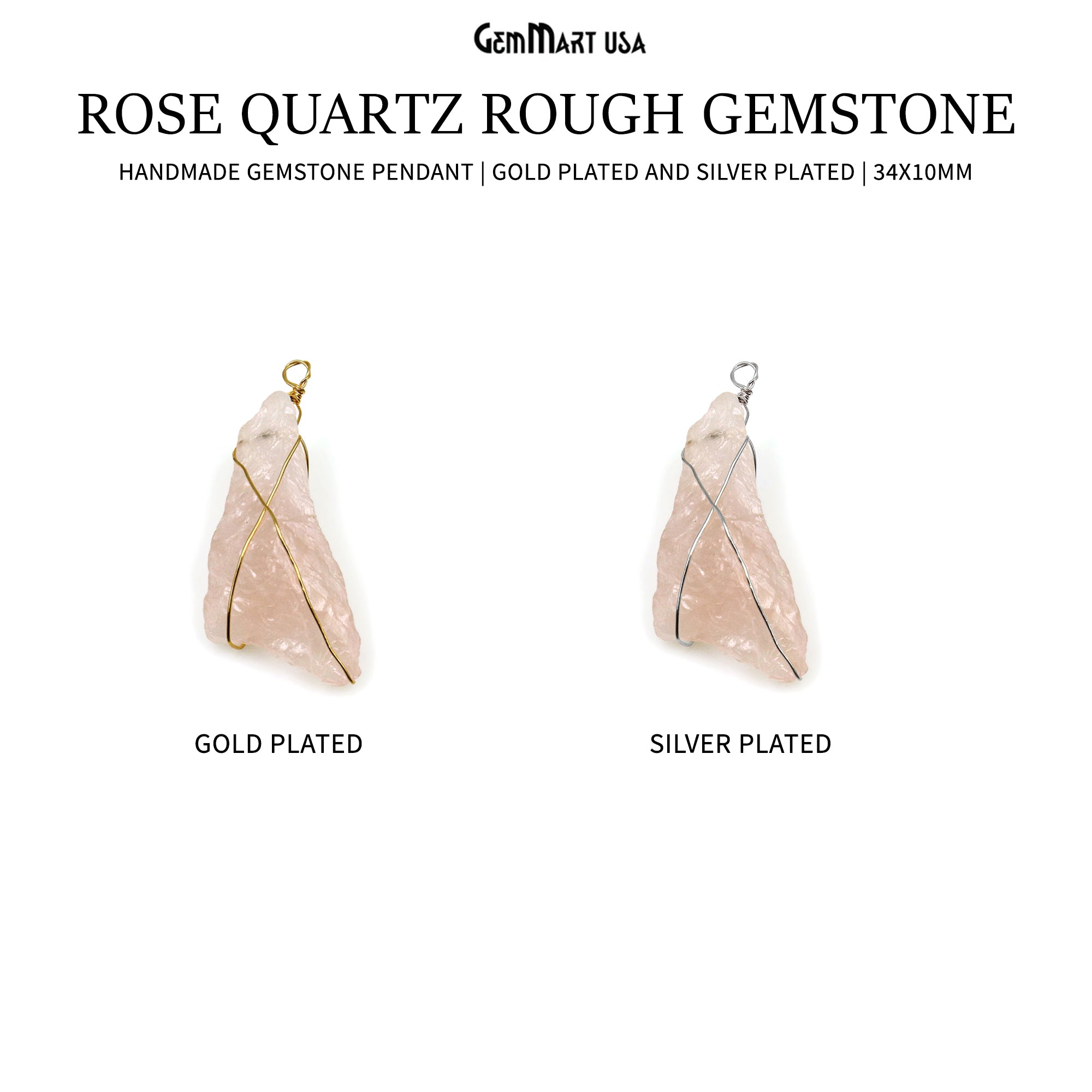 Rose Quartz Rough Gemstone 34x10mm Wire Wrapped Necklace Pendant