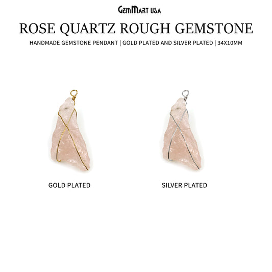 Rose Quartz Rough Gemstone 34x10mm Wire Wrapped Necklace Pendant