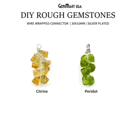 DIY Rough Gemstones 30x10mm Silver Wire Wrapped Connector Pendant 1pc