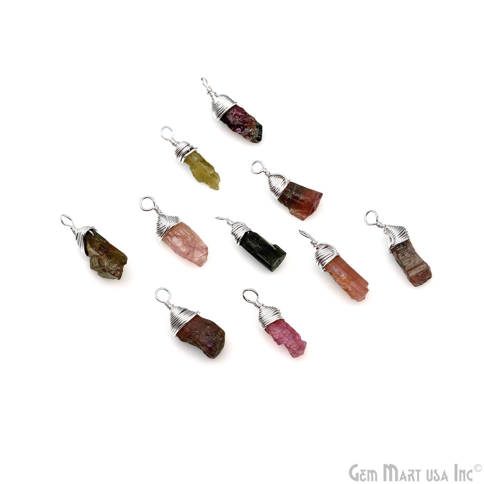 Multi Tourmaline Rough Gemstone 18x6mm Silver Wire Wrapped Single Bail Connector
