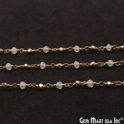 Rainbow Moonstone With Golden Pyrite 3-3.5mm Gold Wire Wrapped Rosary - GemMartUSA