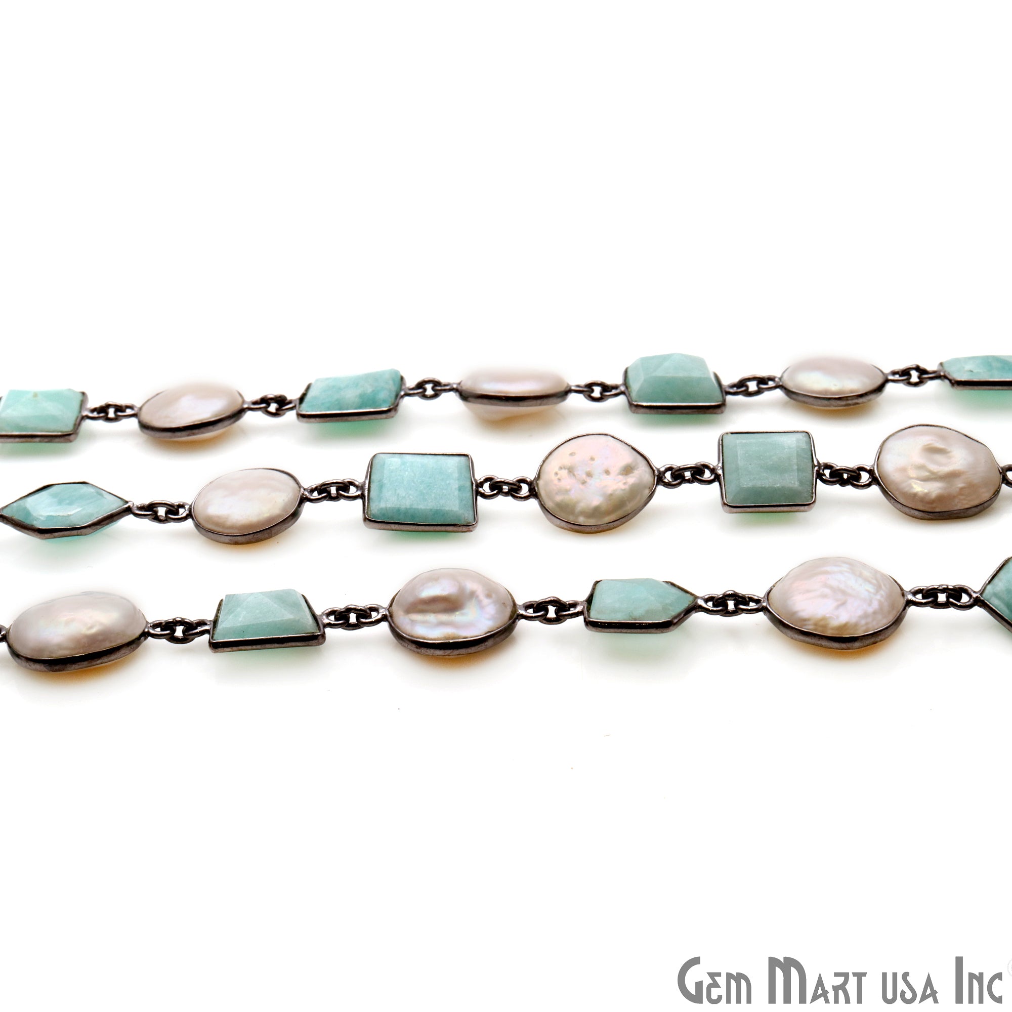 Amazonite And Pear Oxidized Bezel Rosary Connector Chain - GemMartUSA