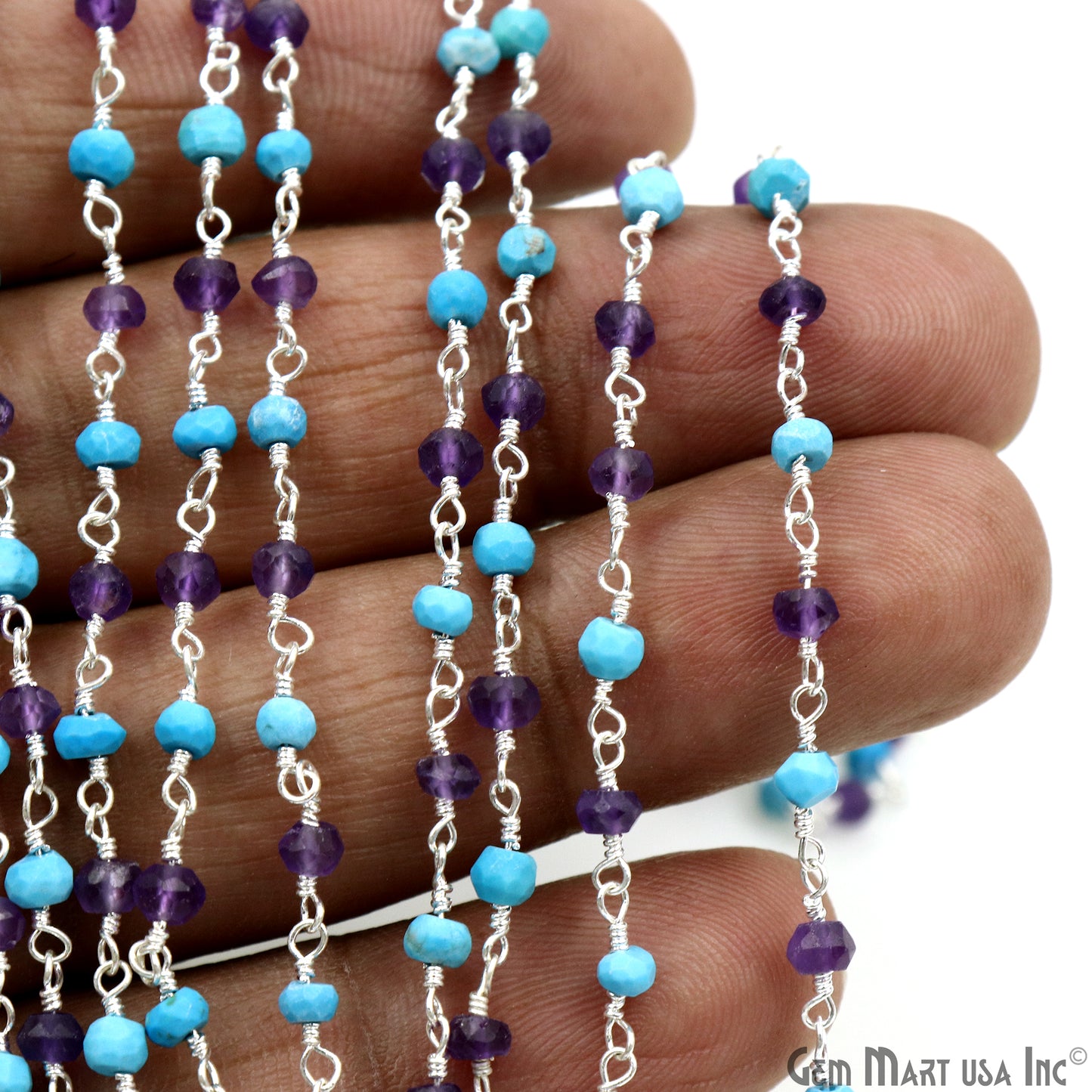 Amethyst & Turquoise 3-3.5mm Silver Plated Beaded Wire Wrapped Rosary Chain