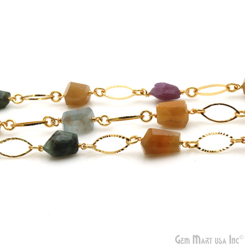 Sapphire, Emerald & Ruby Beads With Gold Marquise Finding Rosary Chain