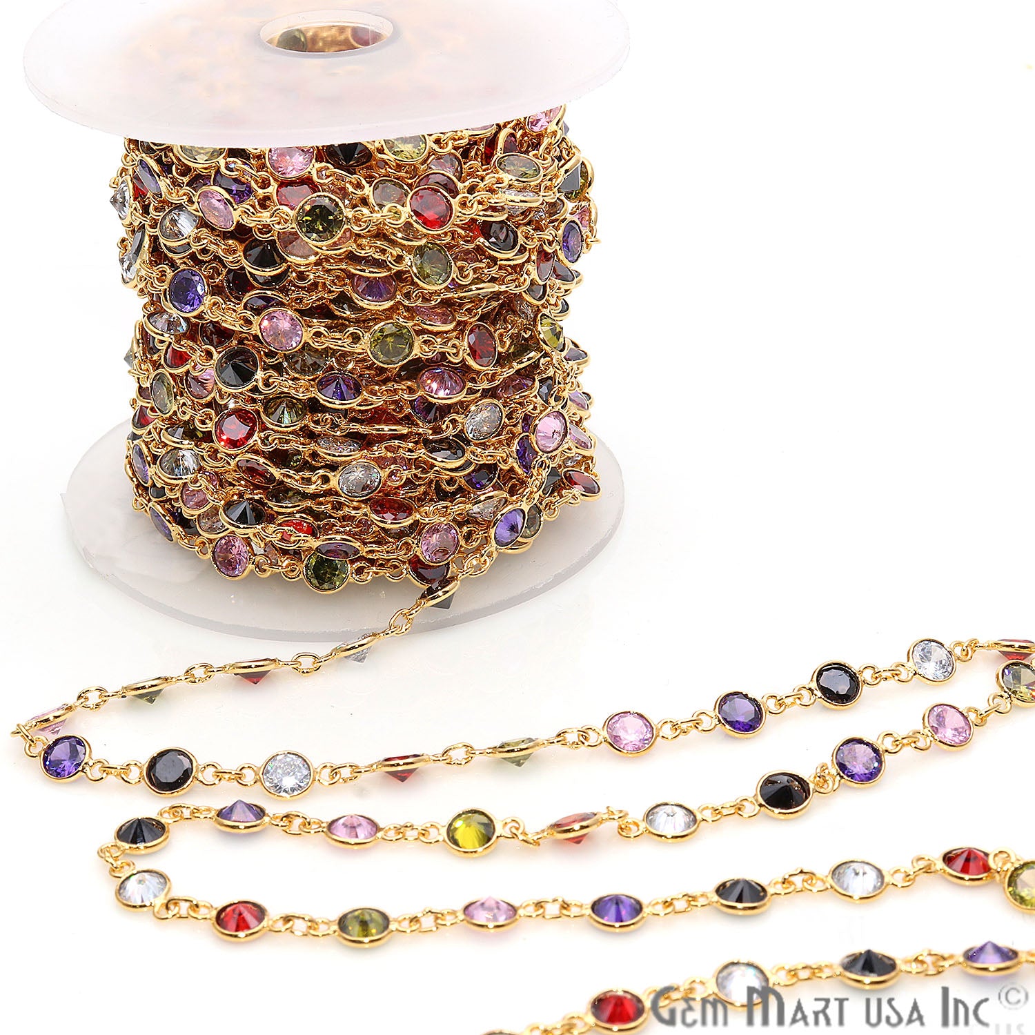 Multi Stone 5mm Round Bezeled Gold Plated Continuous Connector Chain - GemMartUSA