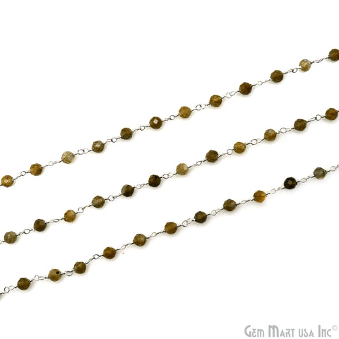 Yellow Labradorite Faceted 3-3.5mm Silver Plated Beaded Wire Wrapped Rosary Chain