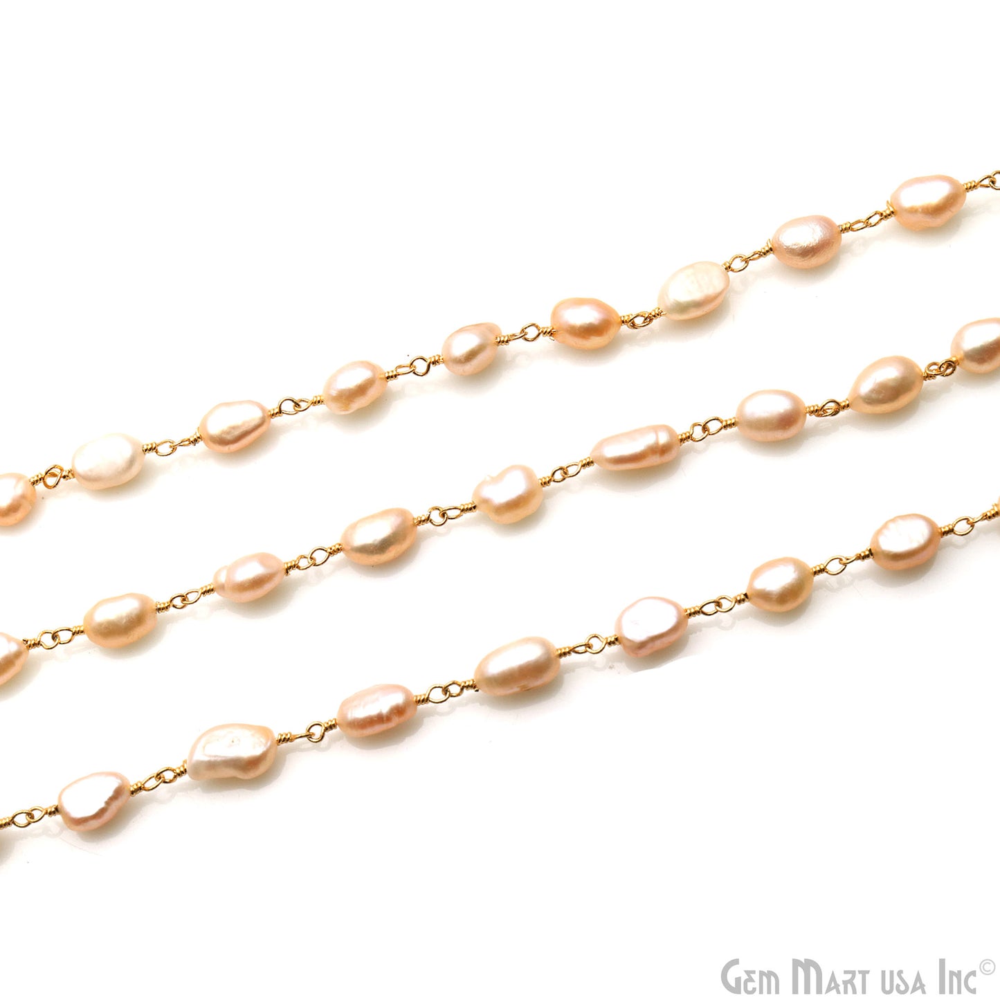 Pink Pearl Free Form Beads 10x6mm Gold Wire Wrapped Rosary Chain