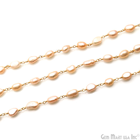 Pink Pearl Free Form Beads 10x6mm Gold Wire Wrapped Rosary Chain