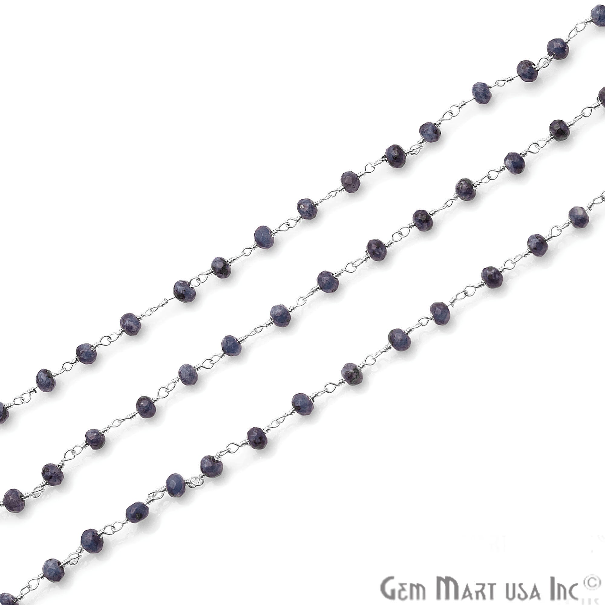 Sodalite Jade Faceted Beads 4mm Silver Plated Wire Wrapped Rosary Chain - GemMartUSA