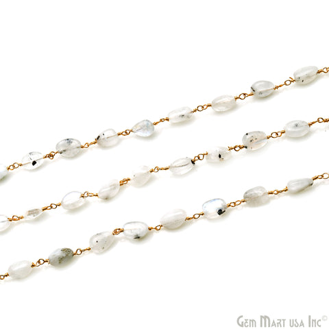 Rainbow Moonstone 12x5mm Tumble Beads Gold Plated Rosary Chain