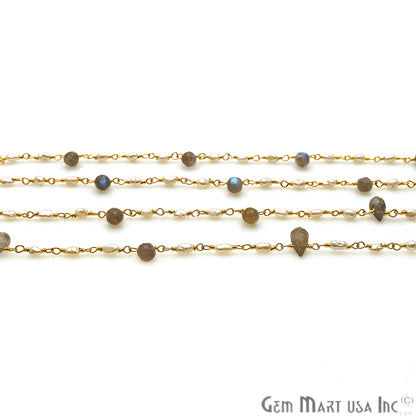 Pearl And Labradorite Gold Wire Wrapped Beads Rosary Chain