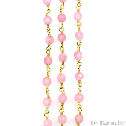 Light Pink Jade Beads 4mm Gold Plated Wire Wrapped Rosary Chain