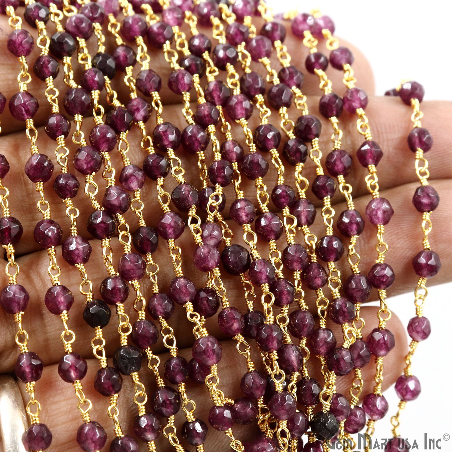 Dark Purple Jade Beads 4mm Gold Plated Wire Wrapped Rosary Chain