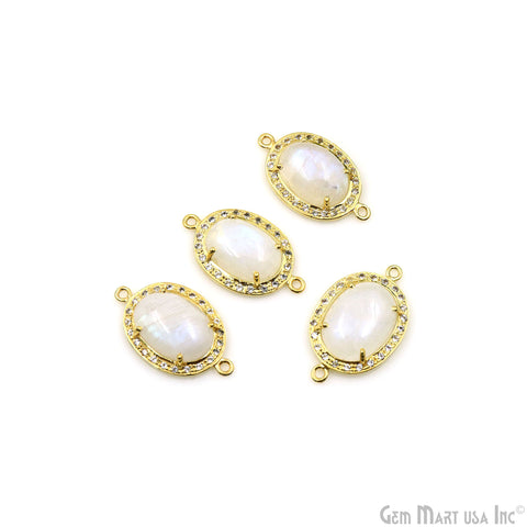 Rainbow Moonstone & Pave Cubic Zirconia 30x17mm Gold Plated Double Bail Connector
