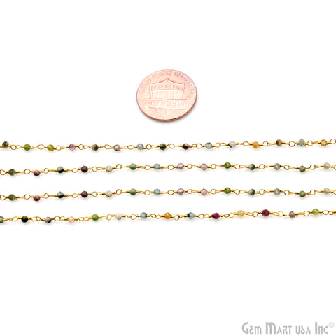 Multi Tourmaline 1-1.5mm Round Tiny Beads Gold Plated Rosary Chain