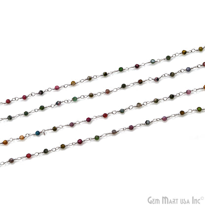 Multi Tourmaline 1-1.5mm Round Tiny Beads Silver Plated Rosary Chain