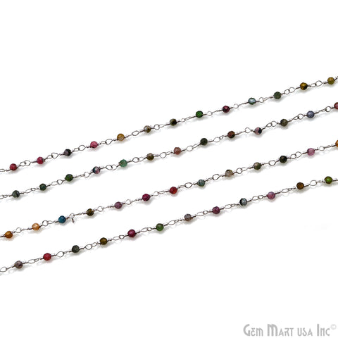 Multi Tourmaline 1-1.5mm Round Tiny Beads Silver Plated Rosary Chain
