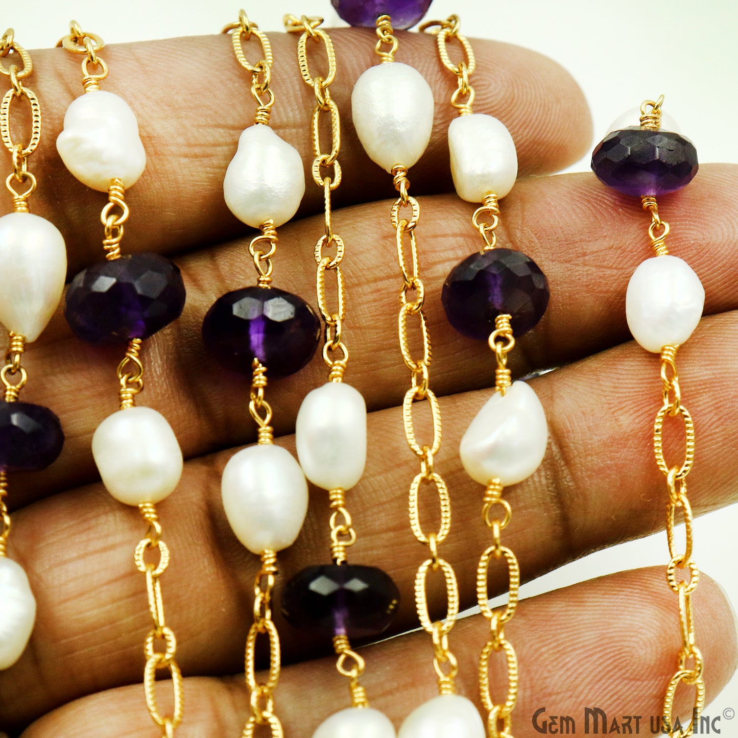 Amethyst & Pearl Round Beads Gold Plated Finding Rosary Chain