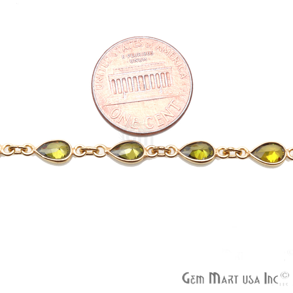 Olive Green 6x4mm Pear Shape Gold Plated Continuous Connector Chain - GemMartUSA