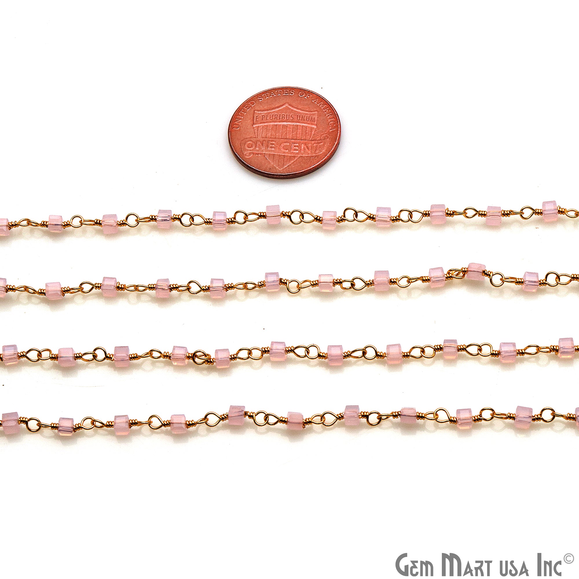 Rose Chalcedony Cube Faceted 2mm Gold Wire Wrapped Rosary Chain - GemMartUSA