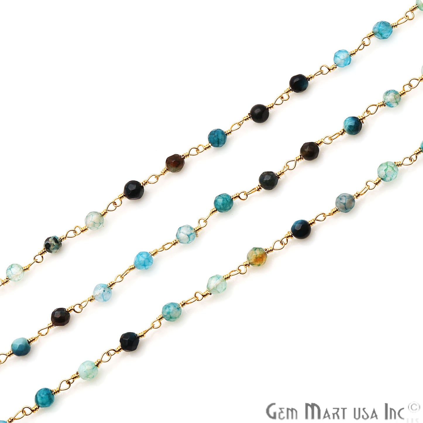 Multi Onyx Jade Faceted Beads 4mm Gold Plated Wire Wrapped Rosary Chain - GemMartUSA