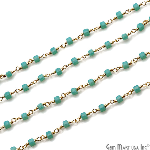 Dark Aqua Chalcedony Cube Faceted 2mm Gold Wire Wrapped Rosary Chain - GemMartUSA