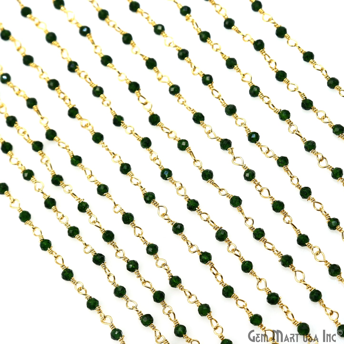 Green Zircon 2-2.5mm Tiny Beads Gold Plated Wire Wrapped Rosary Chain